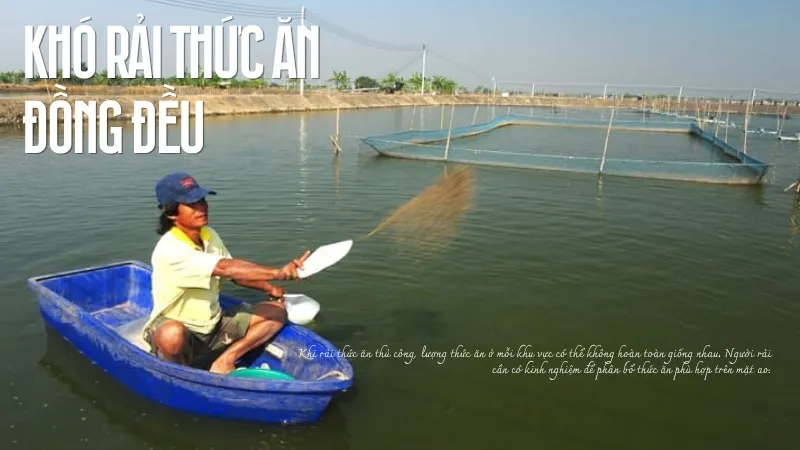 alt="cho tôm ăn+ khó rải thức ăn đồng đều"